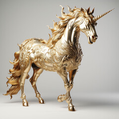Realistic photograph of golden horse was prancing, solid stark white background