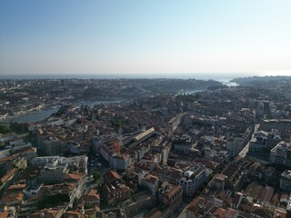 Fototapeta premium Sunny day aerial view of downtown Porto, Portugal and the river.