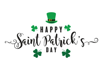 Vector of a 'Happy St Patrick's Day' hand-lettered logo with a top hat and clovers