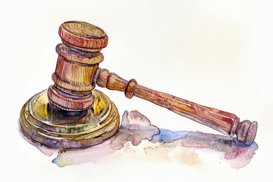 A realistic watercolor painting of a judge's gavel. Ideal for legal concepts and courtroom themes