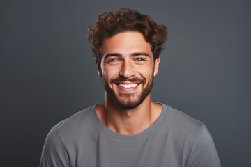 Gray background Happy european white man realistic person portrait of young beautiful Smiling man good mood Isolated 