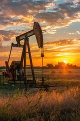 Naklejka premium An oil pump in a field at sunset. Suitable for energy industry concepts