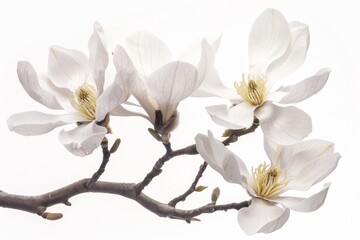 Realistic photograph of a complete Magnolias,solid stark white background, focused lighting