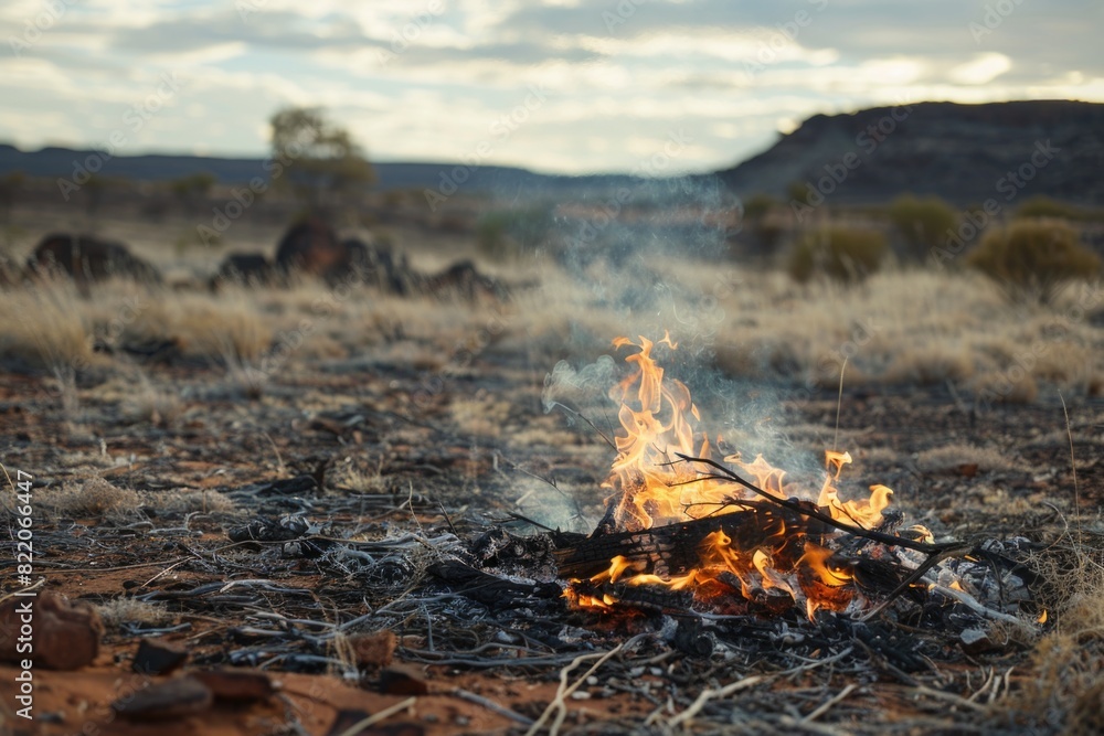 Poster a fire burning in the middle of a field, suitable for various concepts and designs