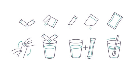 Sachet powder concept set. Instruction how to dissolve effervescent medication in water. Vector illustration.