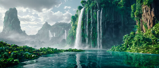 Majestic waterfall landscape with multiple cascading falls, lush green islands, misty atmosphere, and dramatic clouds, creating a serene and breathtaking natural paradise Wallpaper Digital Art Poster 