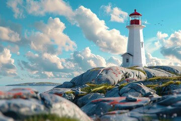 A lighthouse perched on a rocky island. Suitable for travel brochures - Powered by Adobe