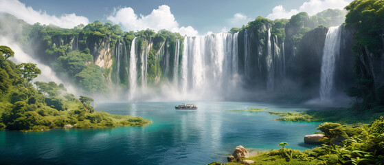 Majestic waterfall landscape with multiple cascading falls, lush green islands, misty atmosphere, and dramatic clouds, creating a serene and breathtaking natural paradise Wallpaper Digital Art Poster 