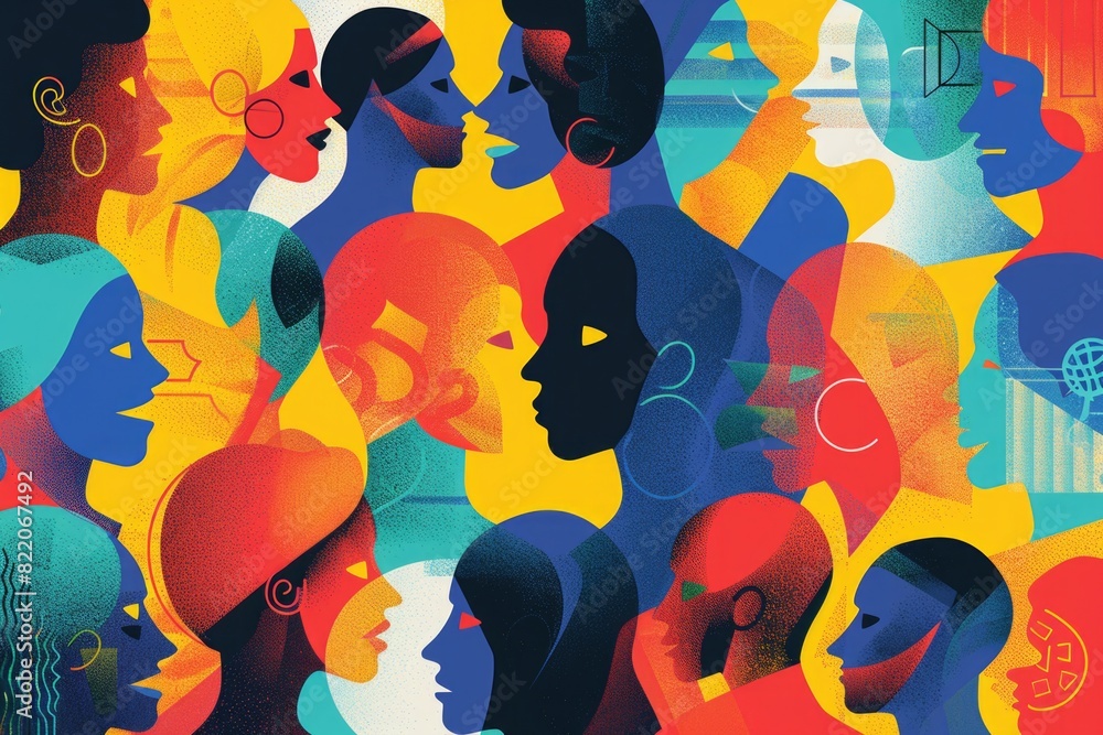 Poster a group of people with different colored faces. can be used for diversity and inclusion concepts