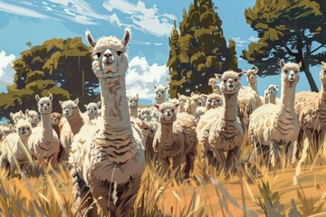 A group of llamas peacefully grazing in a sunlit field. Suitable for farm or nature themes