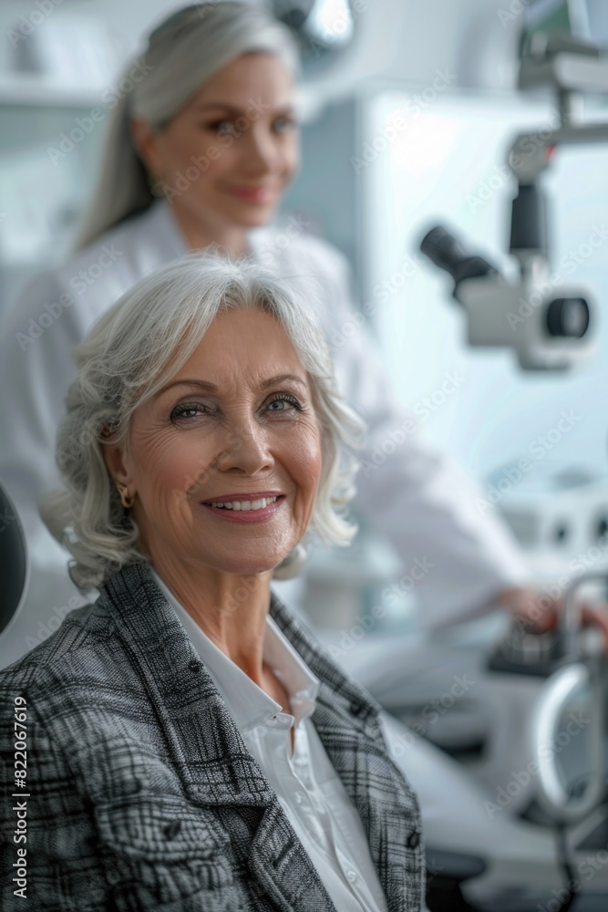 Sticker A woman sitting in a chair in front of a microscope. Suitable for scientific and research concepts