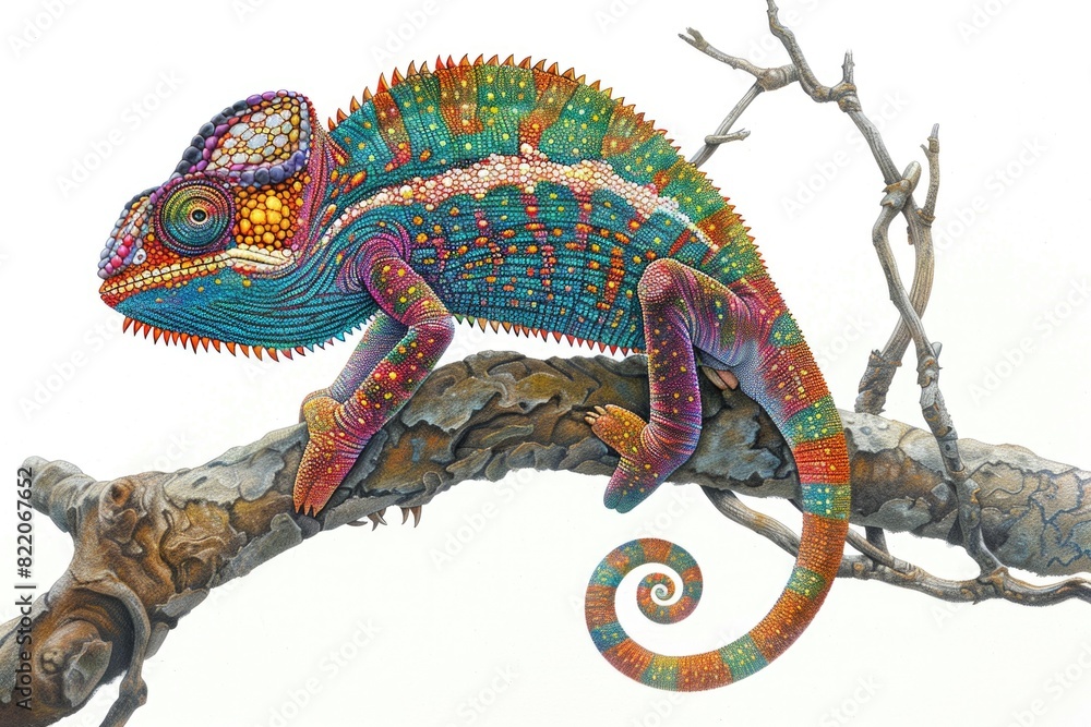 Poster a vibrant chameleon perched on a tree branch. perfect for nature and wildlife themes