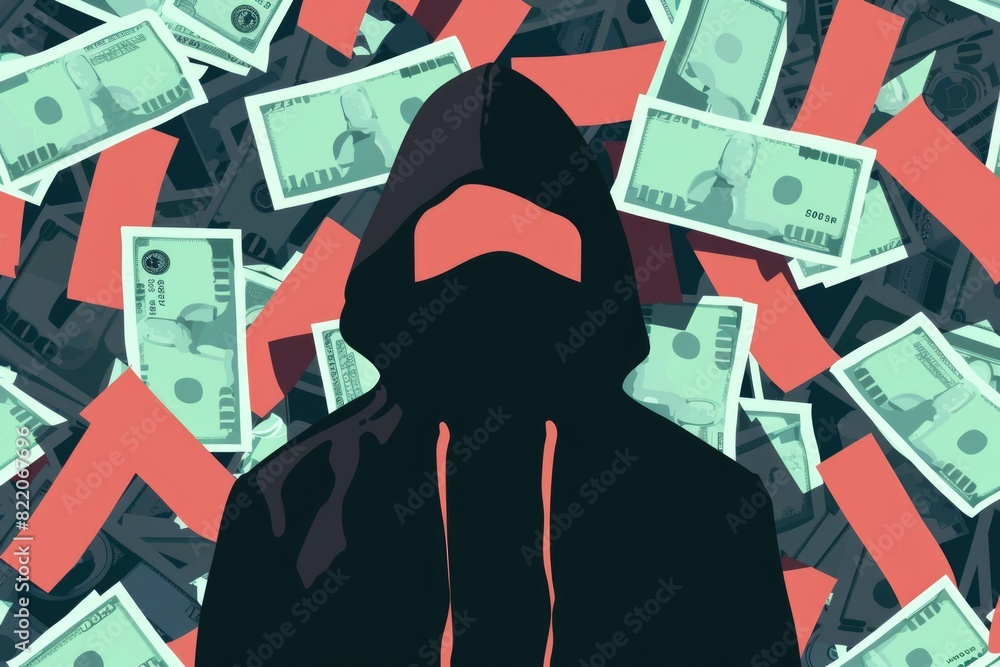 Poster a person standing in front of a pile of money. suitable for finance and wealth concepts