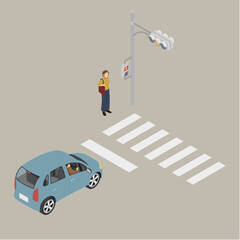 アイソメトリックイラスト：車と信号機と横断歩道2