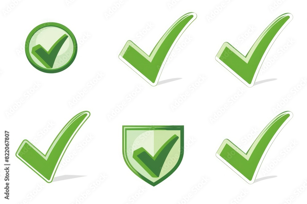 Poster four green check marks on a plain white background, suitable for various business concepts