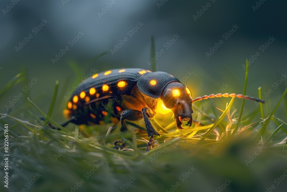 Poster a bug sitting in the grass, suitable for nature themes