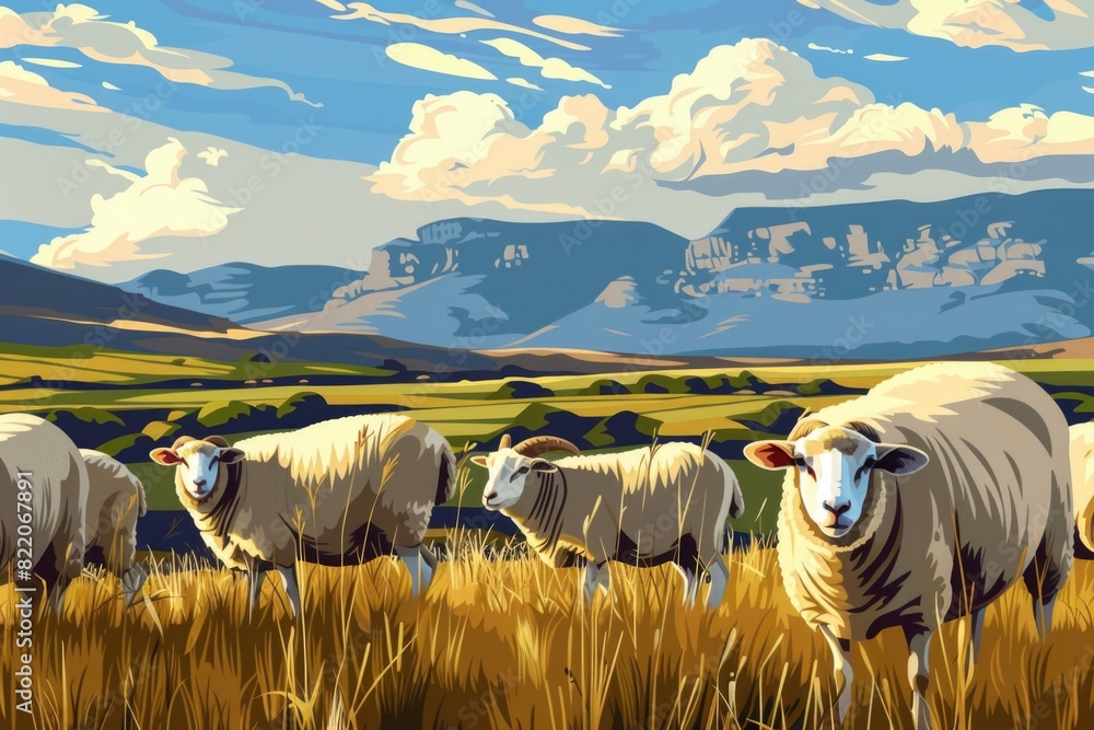 Poster a herd of sheep standing on top of a grass covered field. suitable for agricultural and nature theme