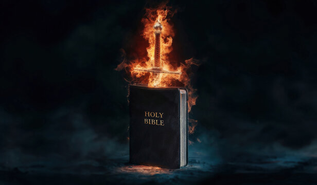 Sword of the spirit. Holy bible. For the word of God is living and active, sharper than any double-edged sword. Flaming sword of the spirit and the word of god concept art. Mist and flames. Copy space