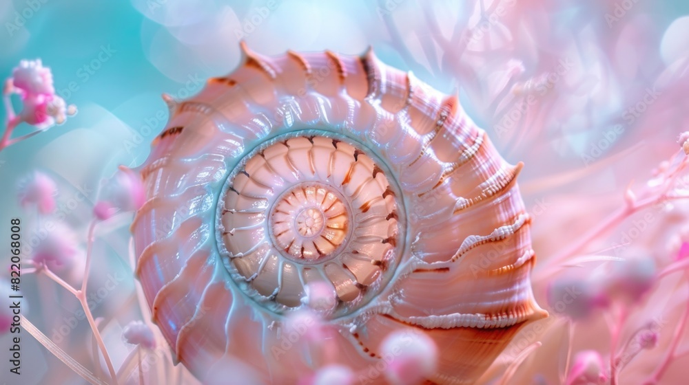 Poster close up of a shell with flowers in the background. suitable for nature and summer themed designs