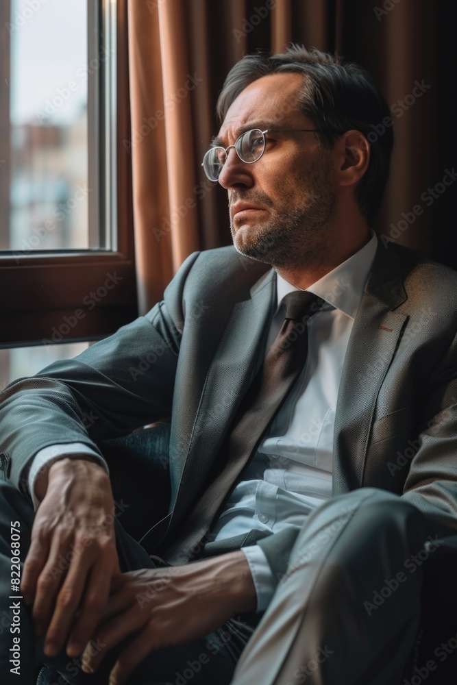 Poster a man in a suit and tie sitting by a window. suitable for business concepts