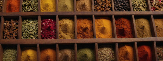 Colorful Array of Spices Set on Wooden Table