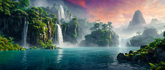 Majestic waterfall landscape with multiple cascading falls, lush green islands, misty atmosphere, and dramatic clouds, creating a serene and breathtaking natural paradise Wallpaper Digital Art Poster 