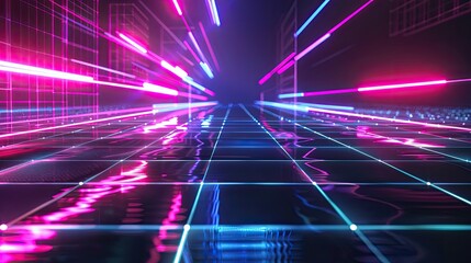 A futuristic backdrop with holographic light effects and neon grids, set against a sleek black background, illustrating advanced technological aesthetics