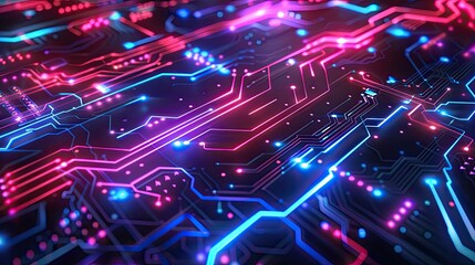 Obraz premium A vibrant cyberpunk style background featuring intersecting neon lines and glowing circuit patterns on a dark backdrop, evoking a high-tech futuristic atmosphere