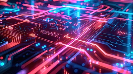 A vibrant cyberpunk style background featuring intersecting neon lines and glowing circuit patterns on a dark backdrop, evoking a high-tech futuristic atmosphere