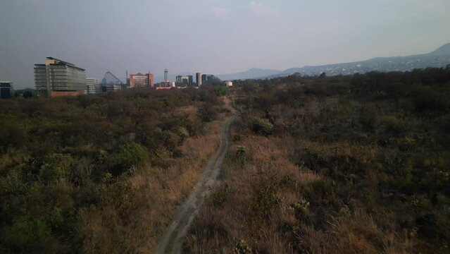 Drone shot of unpaved road passing through green patch on the south of Mexico City at sunset, Mexico