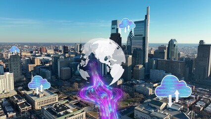 3D Graphic of Digital globe and vibrant data streams with cloud icons. Aerial of urban Philadelphia...