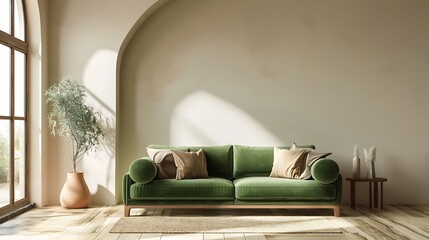 3D rendering of a living room interior design with a green sofa and wood floor mock up background