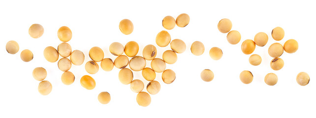 Dried soybeans isolated on a white background, view from above. Organic food.