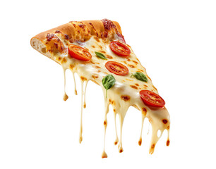 A hot pizza slice with dripping melted cheese