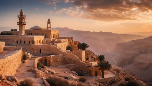The desert in Temur Tengah features mountains and villages and mosques