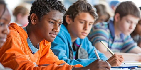 Obraz premium Focused young students engaged in classroom learning, showcasing diversity and concentration in an educational setting.