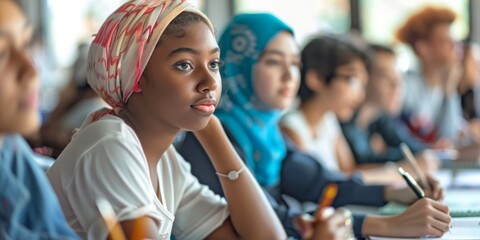 Diverse group of students focused in class, representing inclusivity and engagement in modern education.

