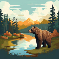 brown bear standing on the edge of the lake with a view of trees and mountains