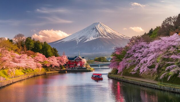 Mount Puji in Japan is decorated with beautiful cherry trees. generative ai