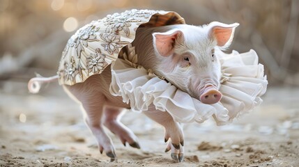 BaroquePatterned Pig Ballerina Performing a Graceful Dance in Daylight Generative ai