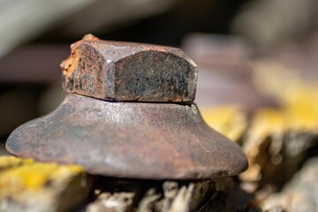 a rusty hat sits on top of an old tree trunk
