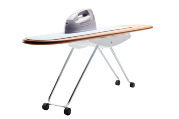 The Dance of Heat and Press: Ironing Board Enchantment on a Clear PNG or White Background.