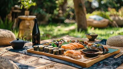 A stylish sushi set arranged on a picnic mat in a garden, creating a delightful outdoor dining experience.