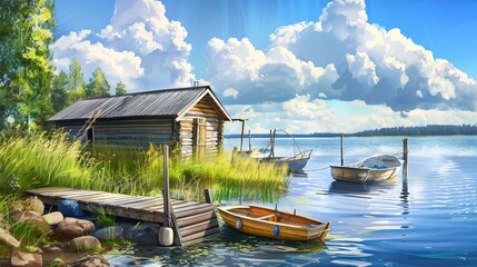 A traditional wooden hut, commonly found in Finnish saunas situated on lakeshores, along with a pier featuring fishing boats. This scene captures the essence of a serene summer landscape.