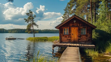 A traditional wooden hut, commonly found in Finnish saunas situated on lakeshores, along with a pier featuring fishing boats. This scene captures the essence of a serene summer landscape.