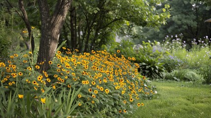 Yellow summer flowers blooming in an annual garden, adding a bright and cheerful touch to the landscape.