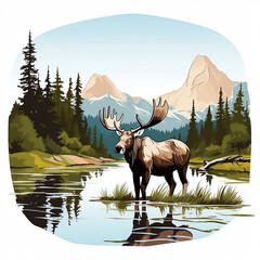 deer style illustration with beautiful natural scenery