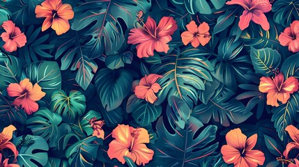 Seamless Patterns Floral Tropics: Lush, vibrant flowers and leaves intertwined in a dense, repeating tropical motif.