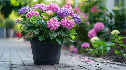 A bush of hydrangeas blooming in a flower pot adorning a town street. This flowerbed adds charm to the surroundings, often found near cafes or stores. 