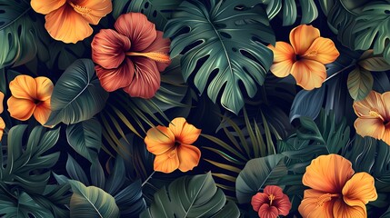 Seamless Patterns Floral Tropics: Lush, vibrant flowers and leaves intertwined in a dense, repeating tropical motif.
